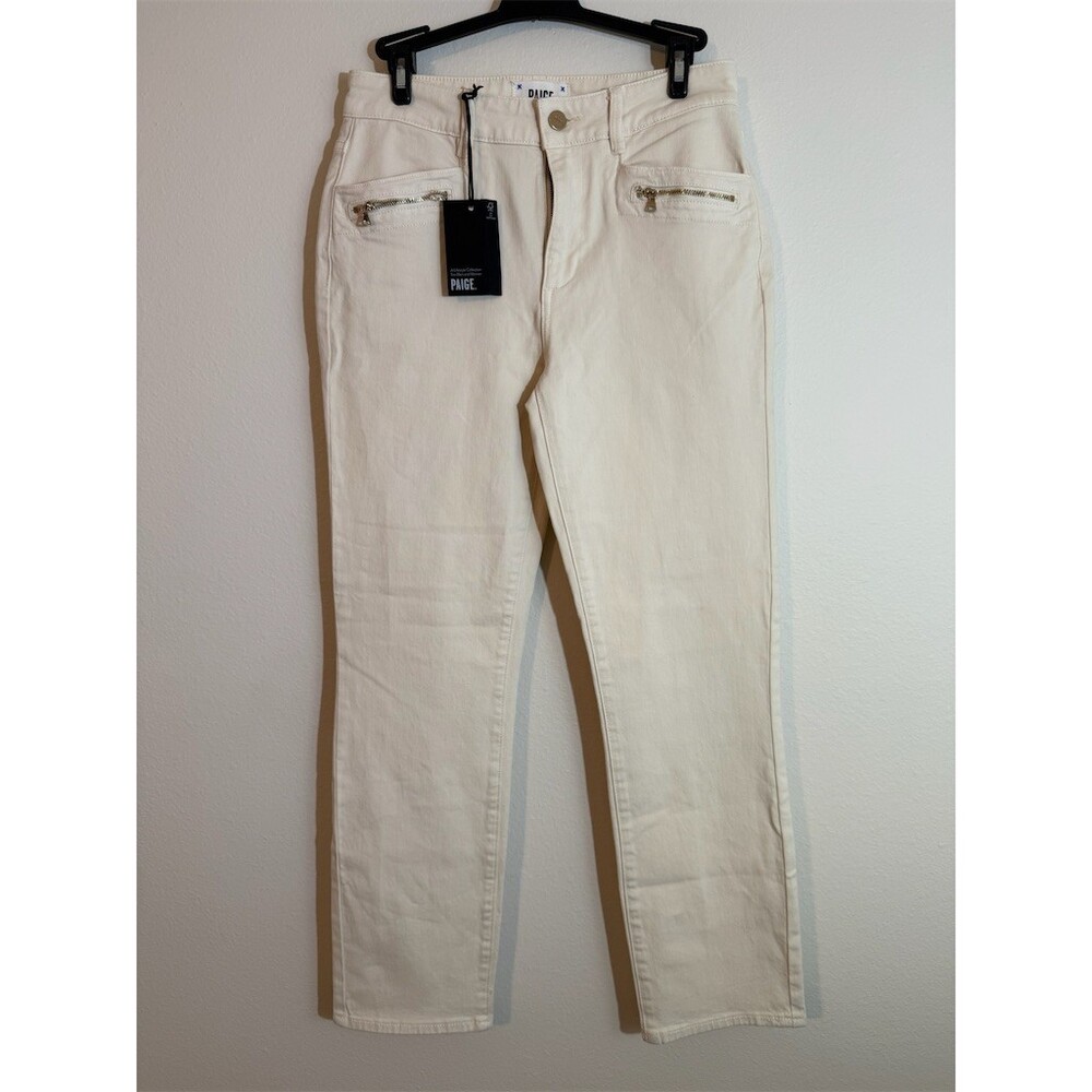 PAIGE Cindy High Rise Straight Ankle Jeans Womens 27 Ivory Zip Pockets